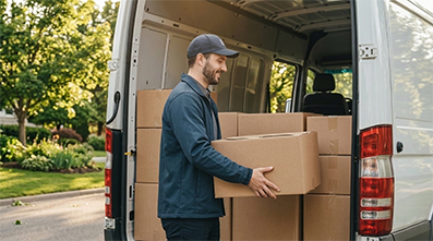 Delivery worker loading a cardboard box into the back of a white van on a sunny suburban street.