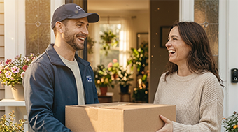 Courier in a cap hands a cardboard box to a smiling woman at a front door porch, delivering a package.