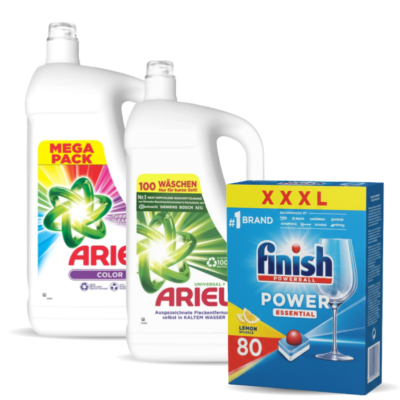 Two white Ariel laundry detergent bottles with a Finish Powerball dishwasher tablets box beside them, on a white background.