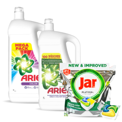 Bundle of laundry detergents: two Ariel liquid detergents and a Jar Platinum pods package included in a mega pack