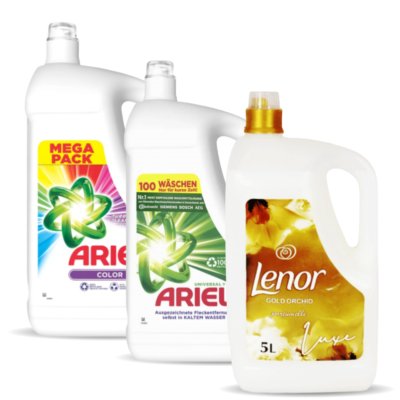 Three laundry detergent bottles: two Ariel (Mega Pack and 100 washes) and Lenor Gold Orchid (5L) for scented laundry care.
