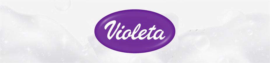 Violeta logo: purple oval badge with white cursive text on a pale bubbly background