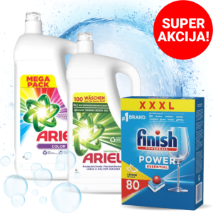 Promo image showing Ariel laundry detergents with a Finish Powerball box and a red 'SUPER AKCIJA!' badge, indicating a special deal.